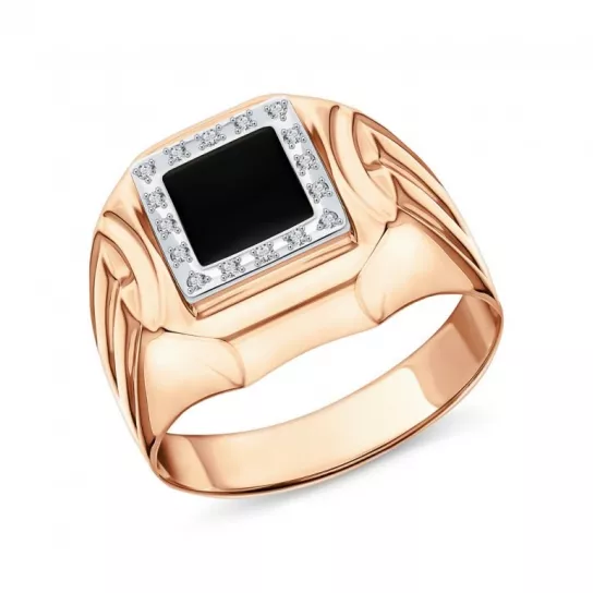 Кольцо-печатка с фианитом и эмалью из золота