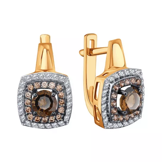 Серьги с раухтопазом и фианитом из золота